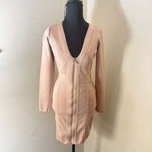 Guess Ribbed Zipper Front Long Sleeve Bodycon Mini Dress Nude Medium
